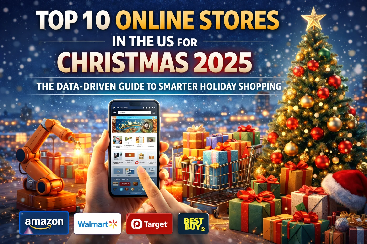 Top US online stores for Christmas 2025 shown with festive gifts, a shopping app on smartphone, and major retailers for smarter holiday shopping.